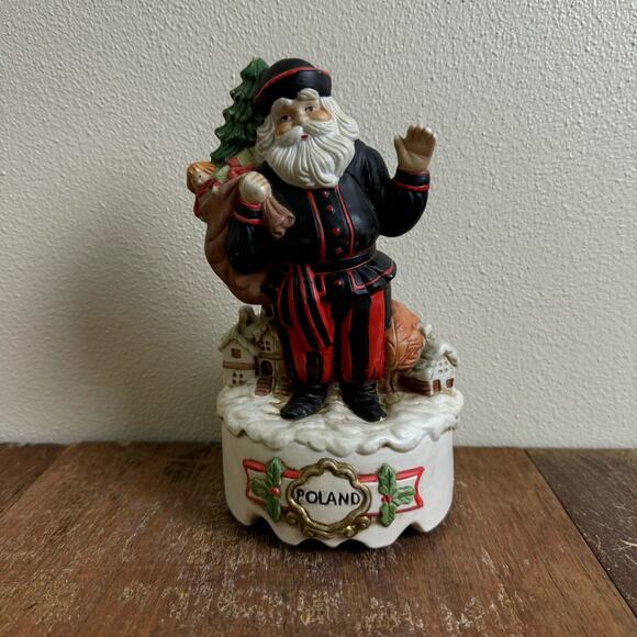 Vintage Poland Santa Black Red Suit with Toy Bag Gold Accent Music Box - Picture 1 of 6